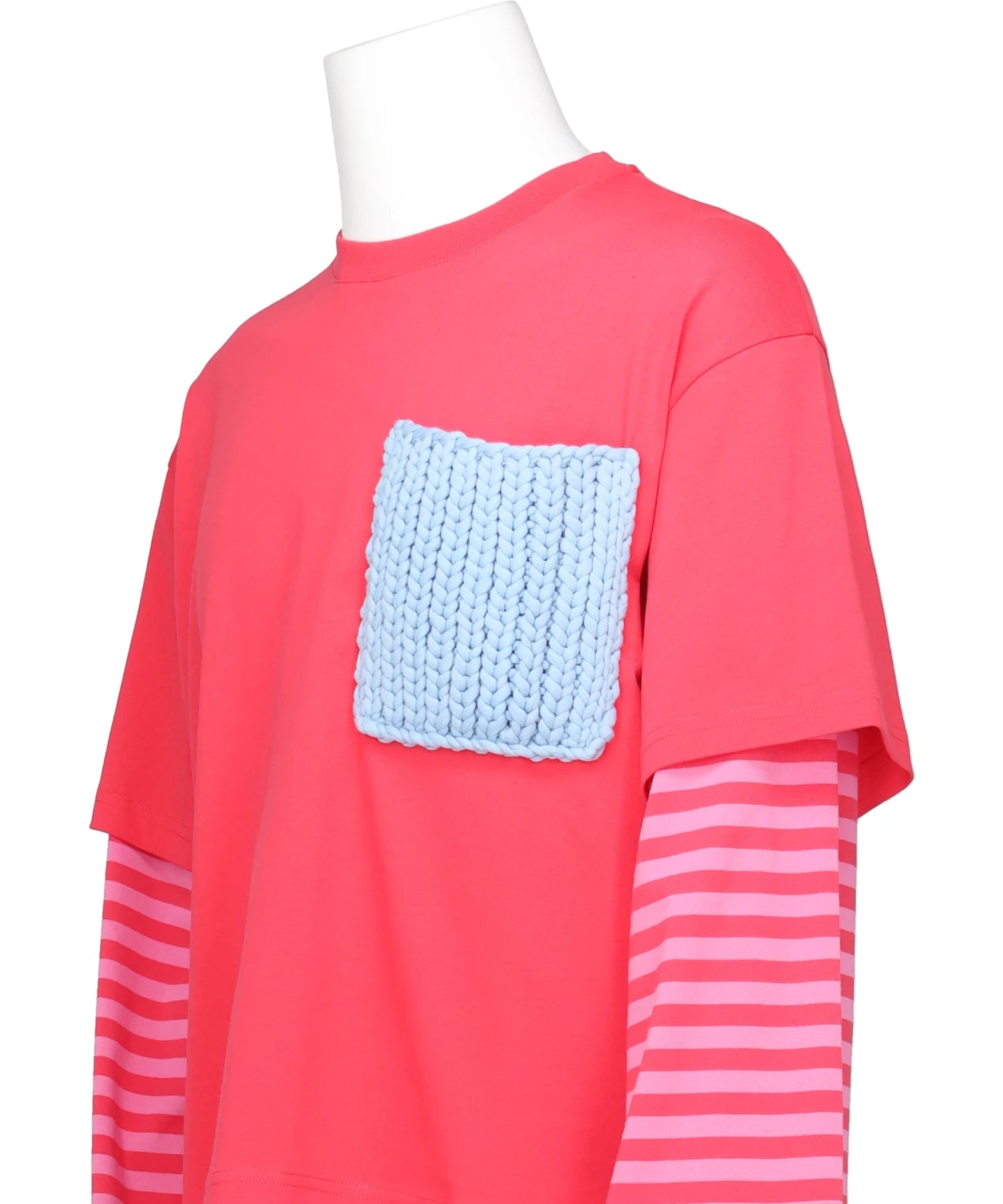 LONG SLEEVE 2-IN-1 TEE WITH KNIT PATCH- CORAL STRIPE RED