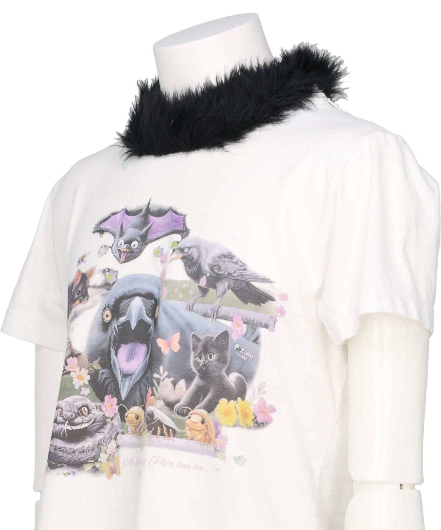 FURRY COLLAR ZIP-UP T-SHIRT