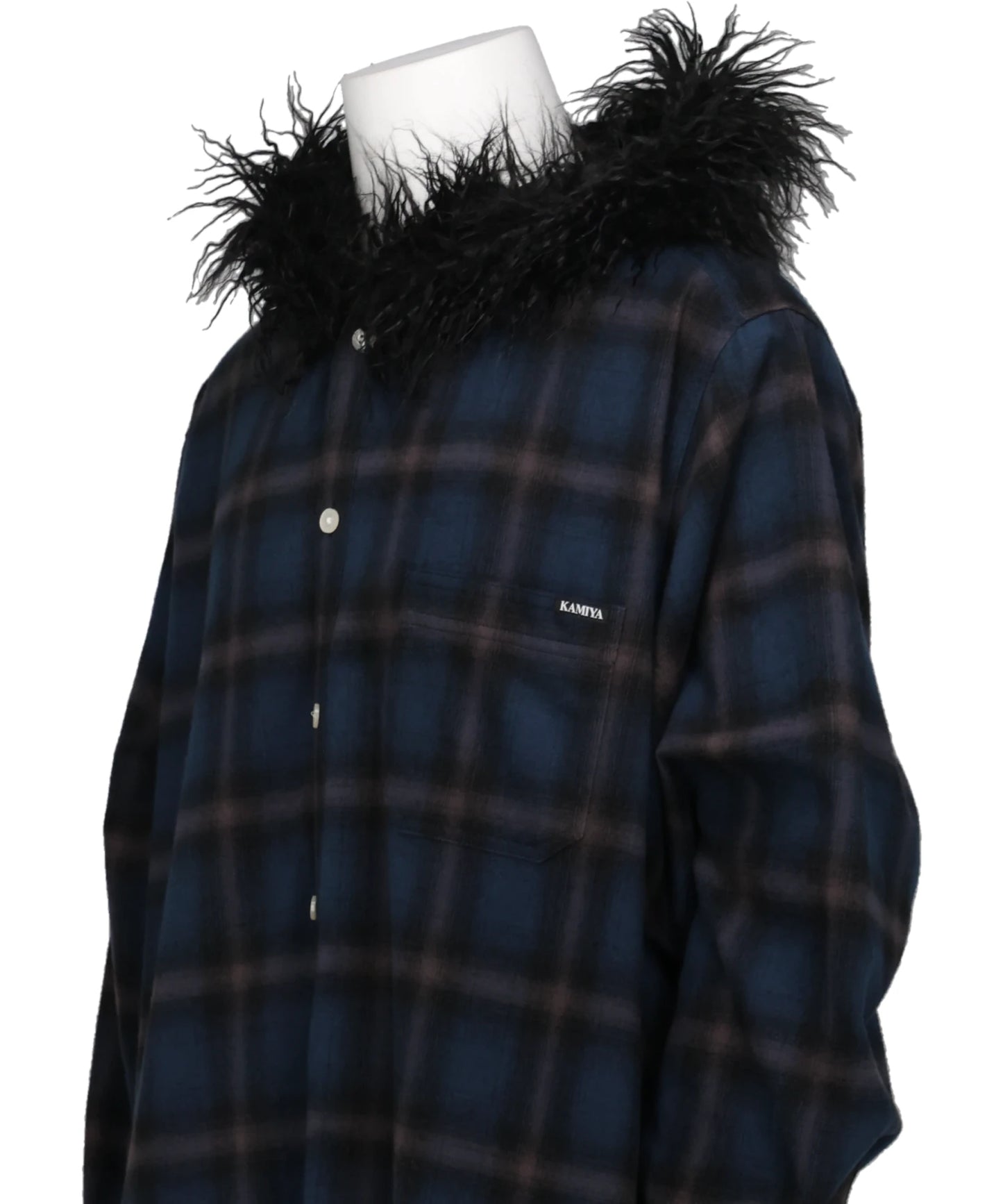 FUR-TRIMMED HOODED CHECK SHIRT
