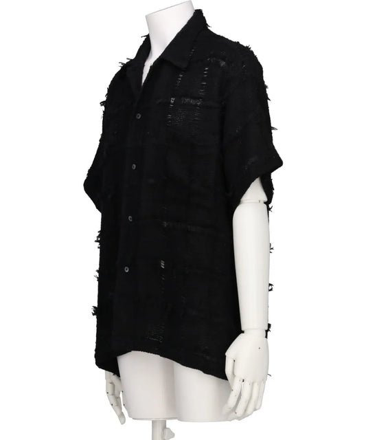 FRINGE CHECK TWEED OPEN COLLAR SHIRT