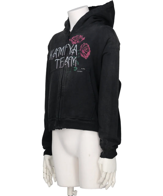 “ROSE”DISTRESSED ZIP SHORT HOODIE