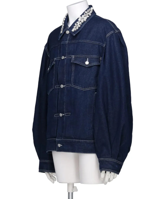 PUFF SLEEVE DENIM JACKET W/EMB