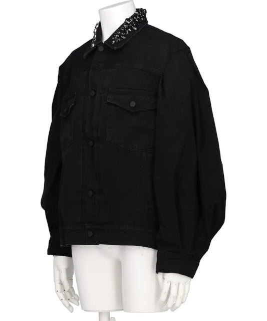 PUFF SLEEVE DENIM JACKET W/EMB