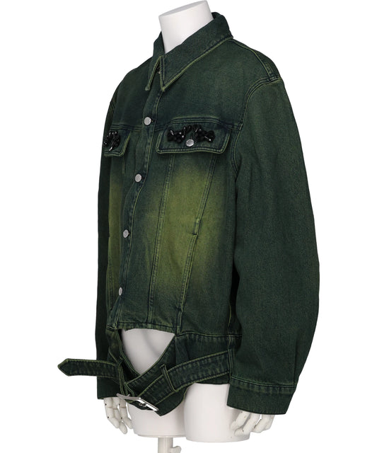 MULTI BELT WAIST TAIL DENIMTRUCKER JACKET W/ EMB