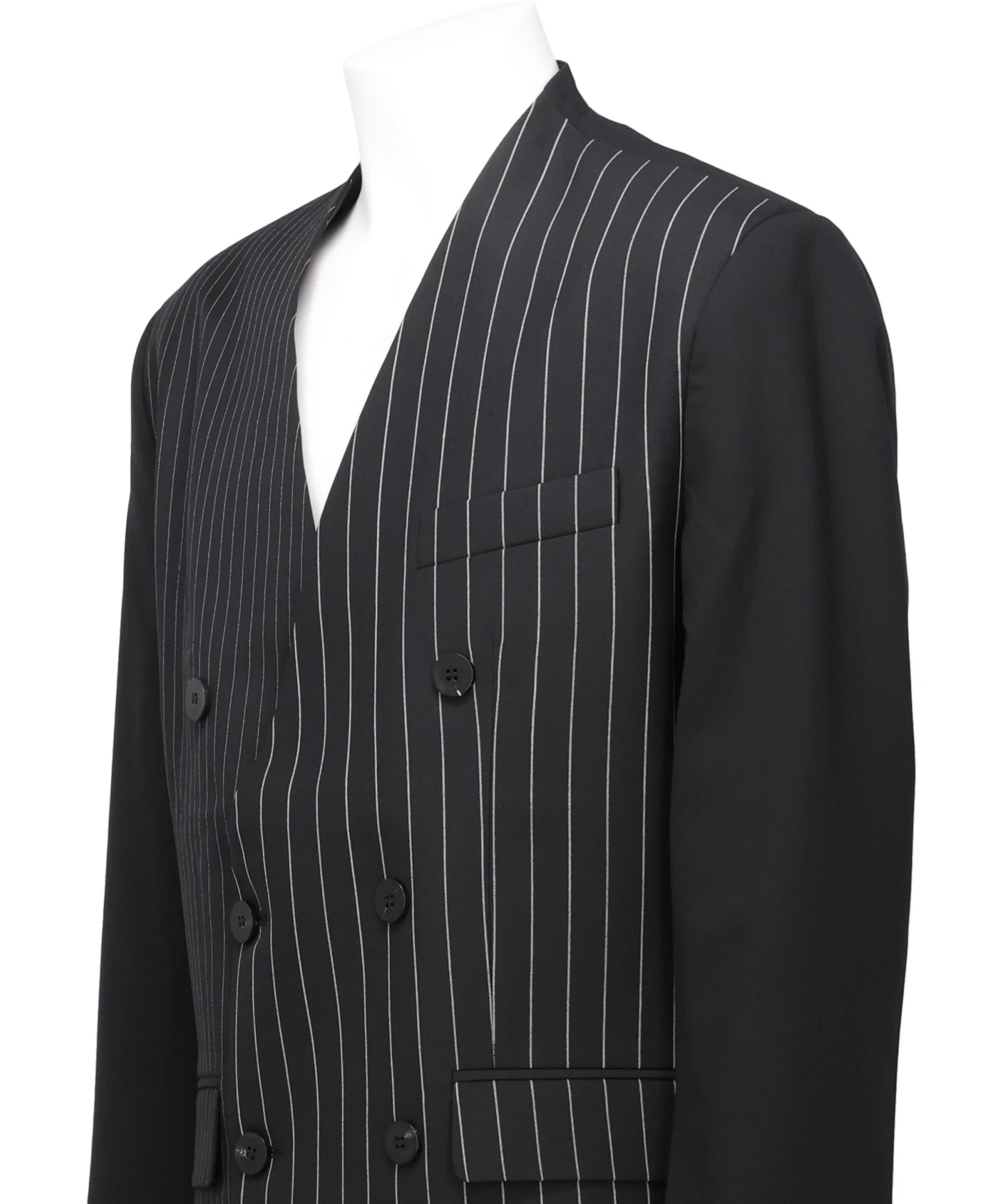 PATCHED PIN STRIPE LAPELESS BLAZER