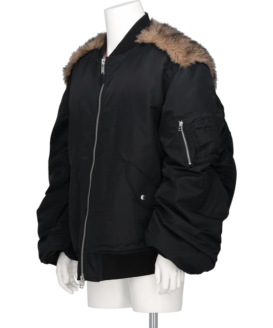 NYLON MASSIVE ROUNDED SLEEVE BOMBER JACKET WITH BACK FUR