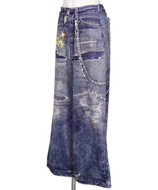 FLEECE DENIM PRINT WIDE PANTS