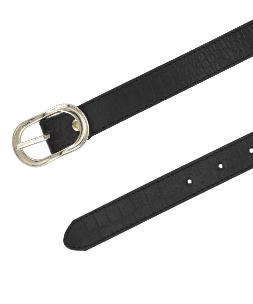 GOLD BUCKLE LEATHER BELT - BLACK CROCODILE