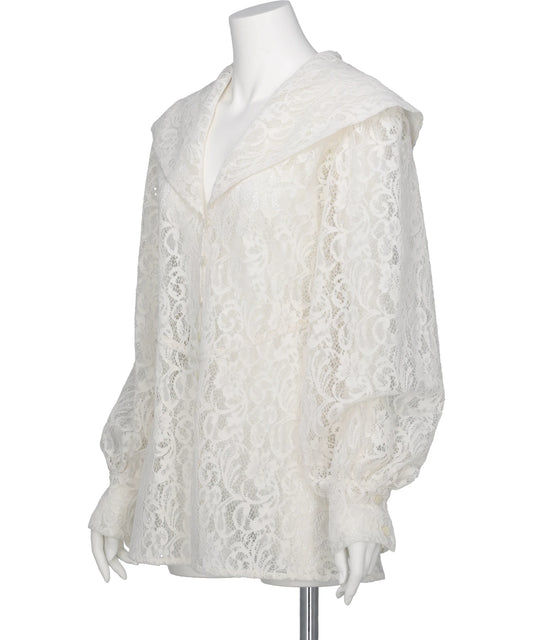 FLOCKED LACE SAILOR COLLAR BLOUSE