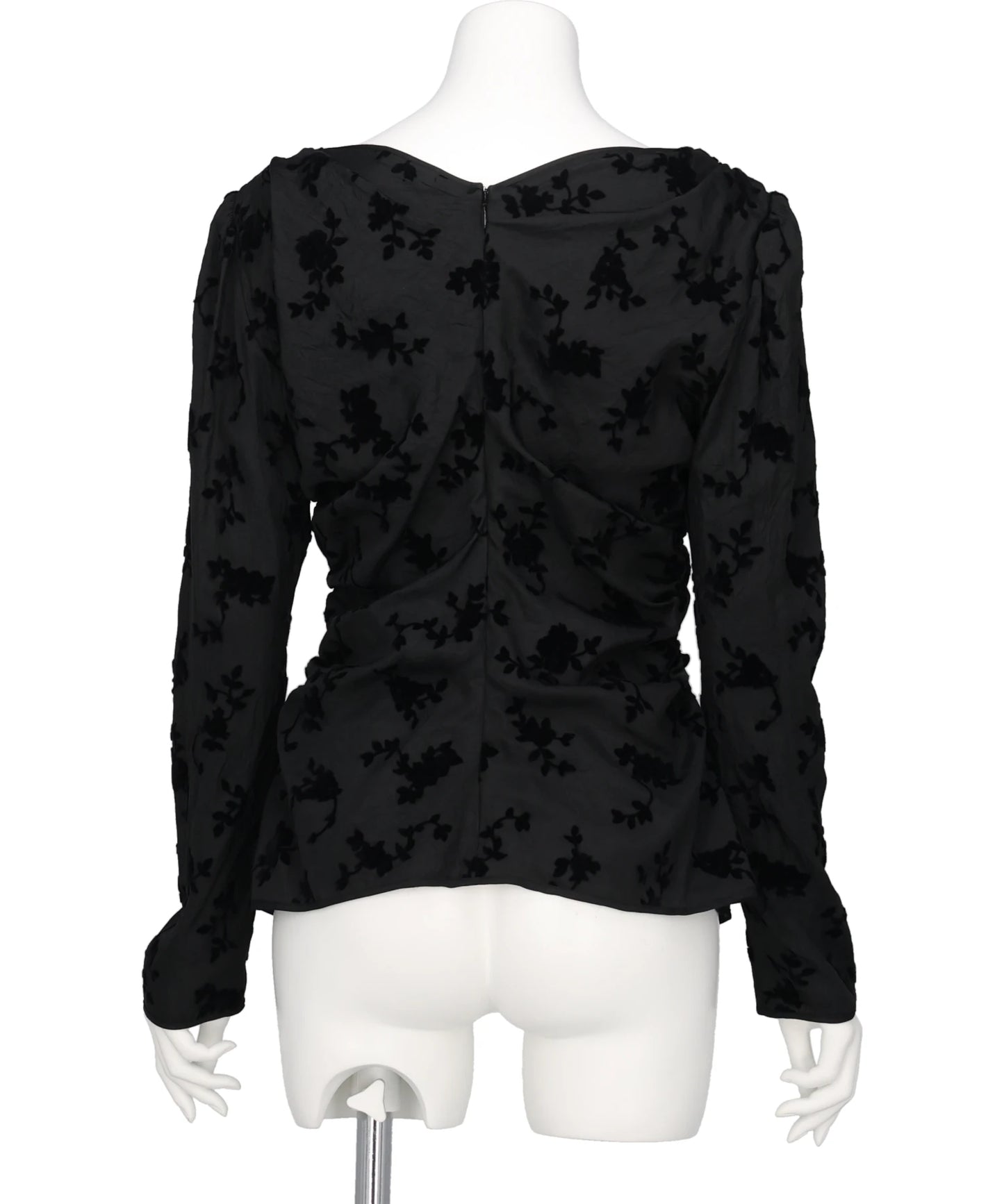 FLOCKED ROSE PRINT GATHERED BLOUSE