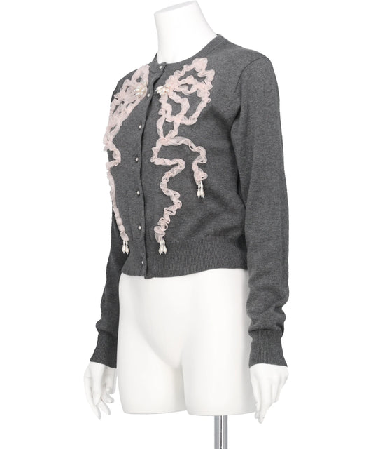 RIBBON TULLE PEARL EMBROIDERY CARDIGAN