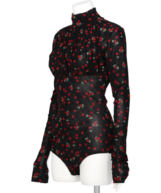 PRINTED VELVET TULLE TURTLENECK BODYSUIT