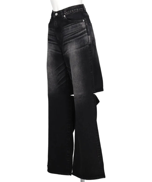 WASHED DENIM CUT OUT WIDE PANTS