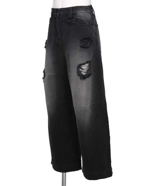 CROPPED DISTRESSED WIDE LEG PUDDLE JEANS W/ EMB