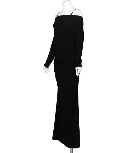 LACE LAYERED DRAPE JERSEY DRESS