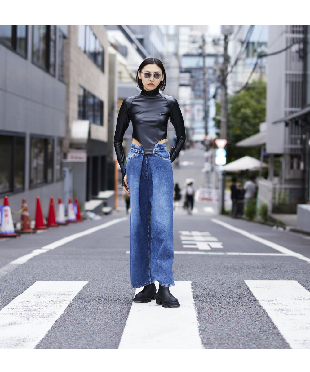 WASHED DENIM WIDE PANTS