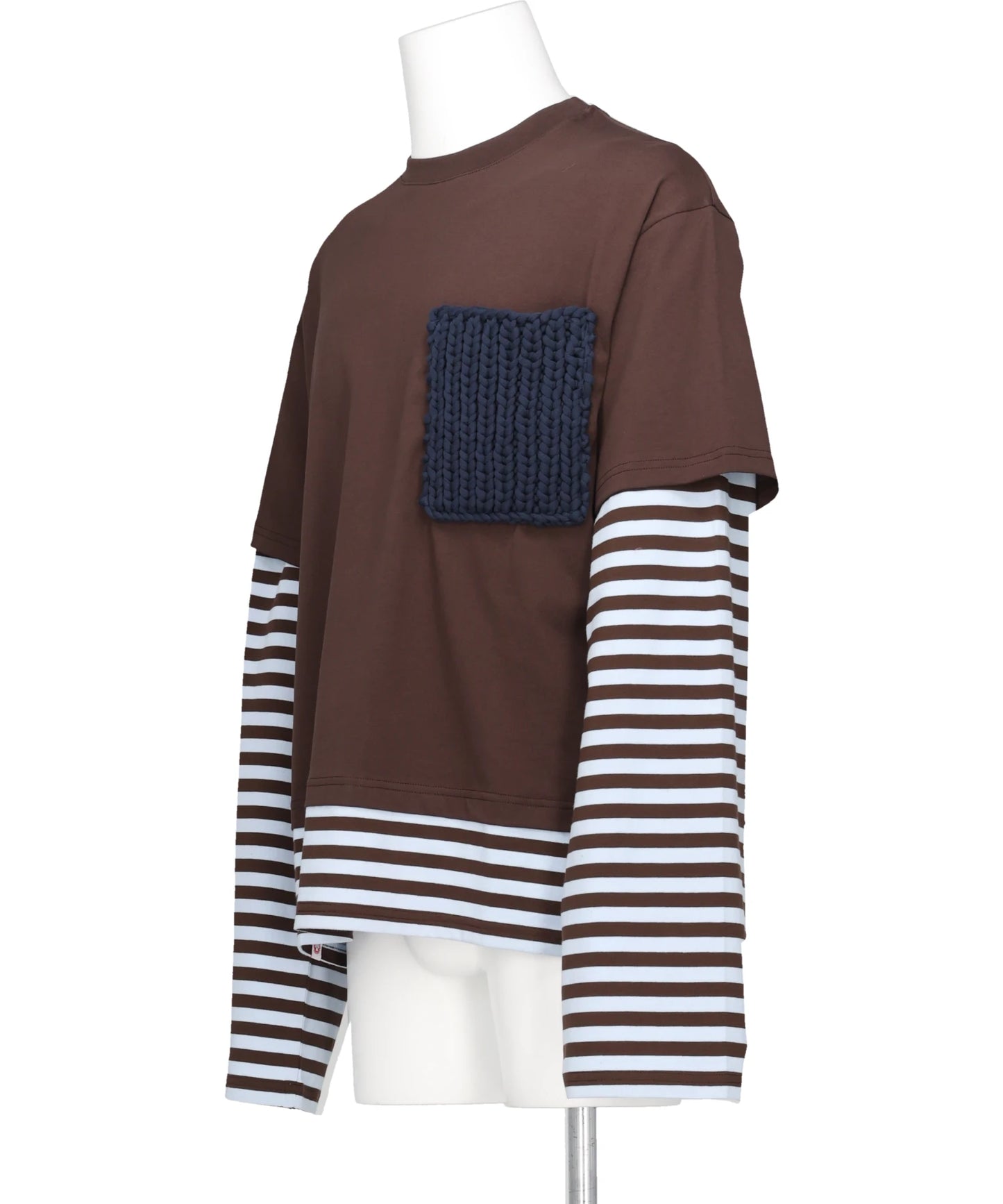 LONG SLEEVE 2-IN-1 TEE WITH KNIT PATCH- BROWN STRIPE BRW