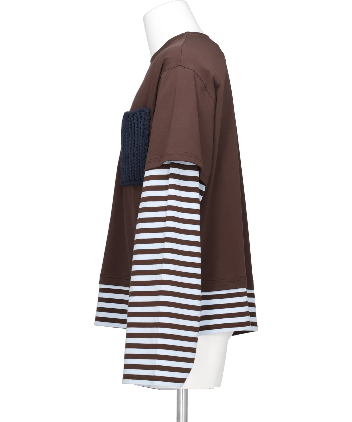 LONG SLEEVE 2-IN-1 TEE WITH KNIT PATCH- BROWN STRIPE BRW