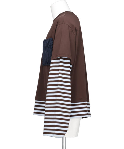 LONG SLEEVE 2-IN-1 TEE WITH KNIT PATCH- BROWN STRIPE BRW
