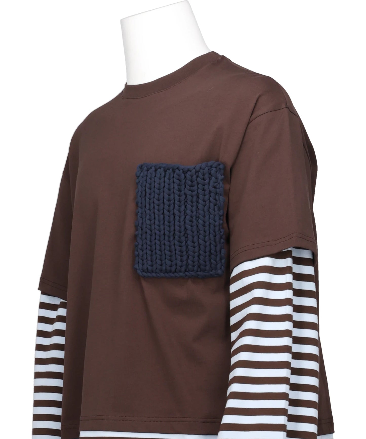 LONG SLEEVE 2-IN-1 TEE WITH KNIT PATCH- BROWN STRIPE BRW