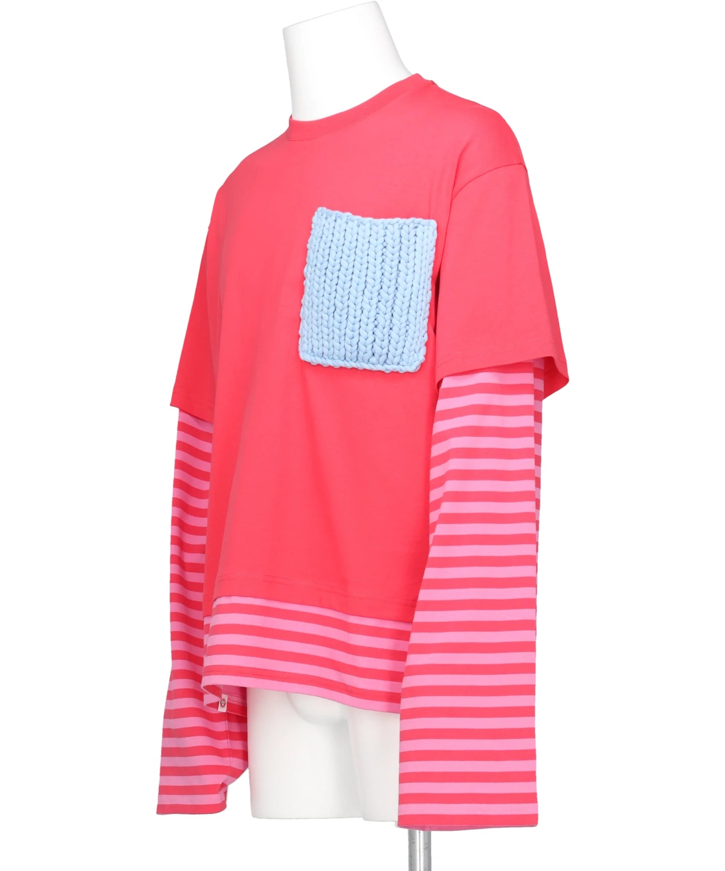 LONG SLEEVE 2-IN-1 TEE WITH KNIT PATCH- CORAL STRIPE RED