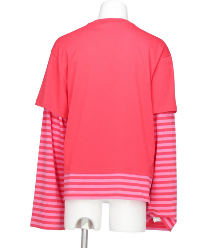 LONG SLEEVE 2-IN-1 TEE WITH KNIT PATCH- CORAL STRIPE RED