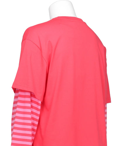 LONG SLEEVE 2-IN-1 TEE WITH KNIT PATCH- CORAL STRIPE RED