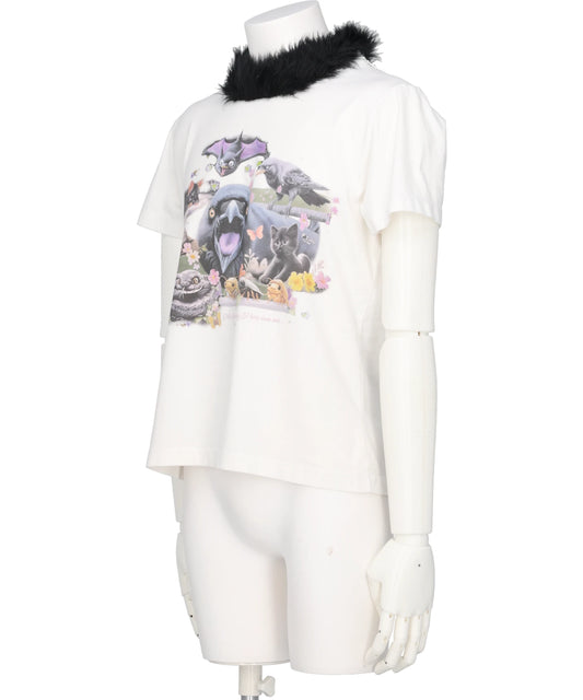 FURRY COLLAR ZIP-UP T-SHIRT