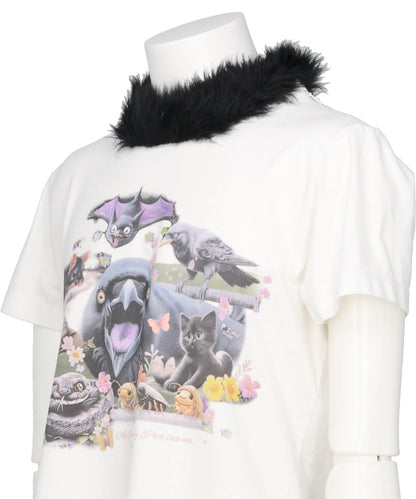 FURRY COLLAR ZIP-UP T-SHIRT