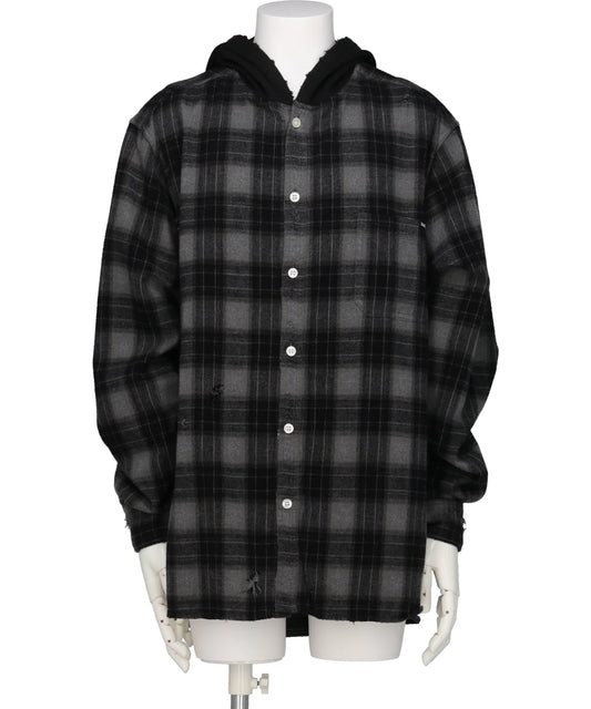 KAMIYA(カミヤ)  DISTRESSED HOODED CHECKED SHIRT