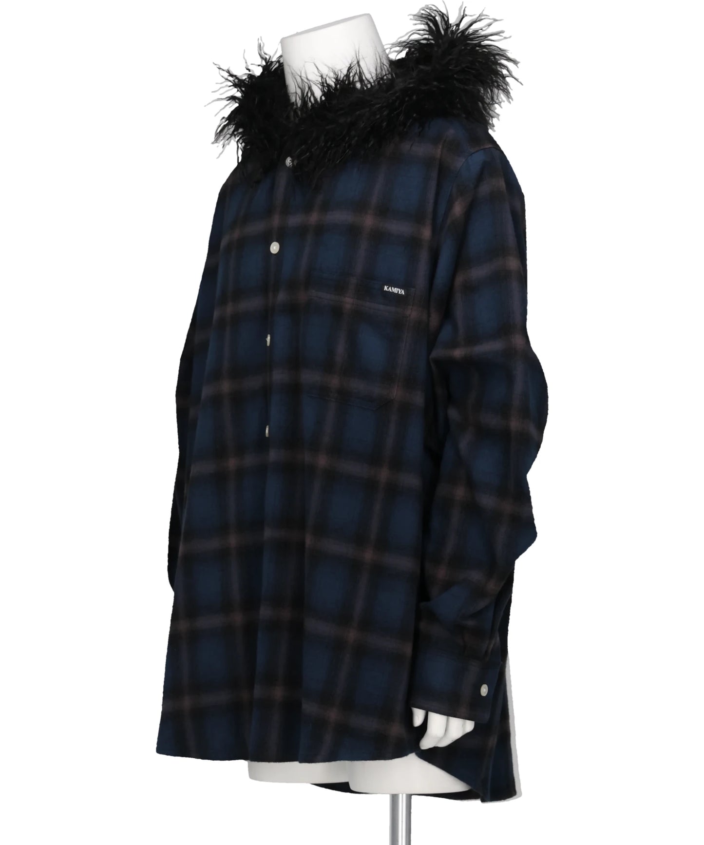 FUR-TRIMMED HOODED CHECK SHIRT