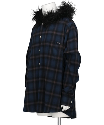 FUR-TRIMMED HOODED CHECK SHIRT