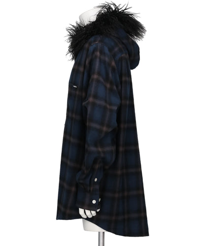 FUR-TRIMMED HOODED CHECK SHIRT