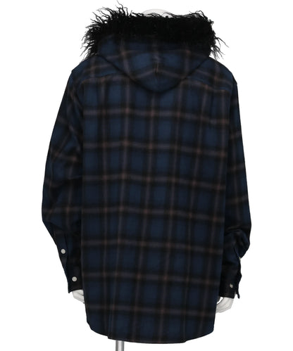 FUR-TRIMMED HOODED CHECK SHIRT