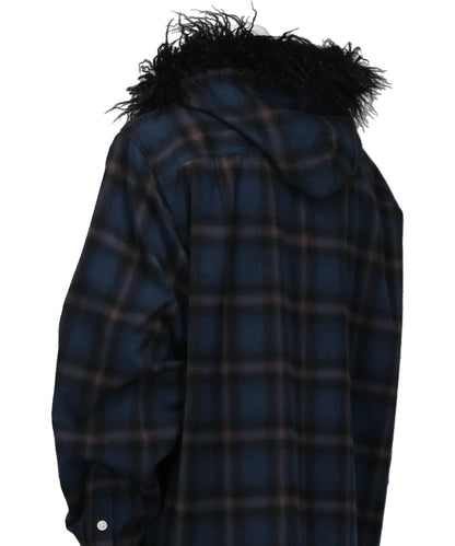 FUR-TRIMMED HOODED CHECK SHIRT