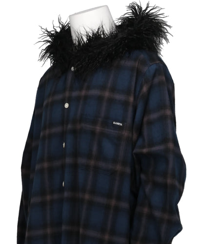 FUR-TRIMMED HOODED CHECK SHIRT