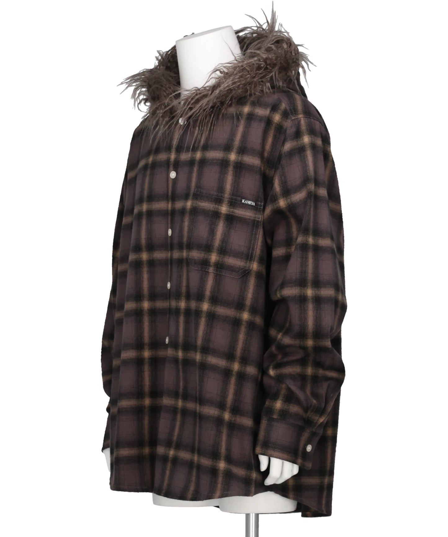 FUR-TRIMMED HOODED CHECK SHIRT