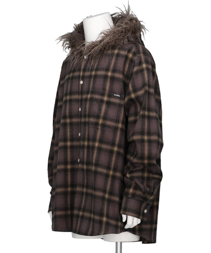 FUR-TRIMMED HOODED CHECK SHIRT