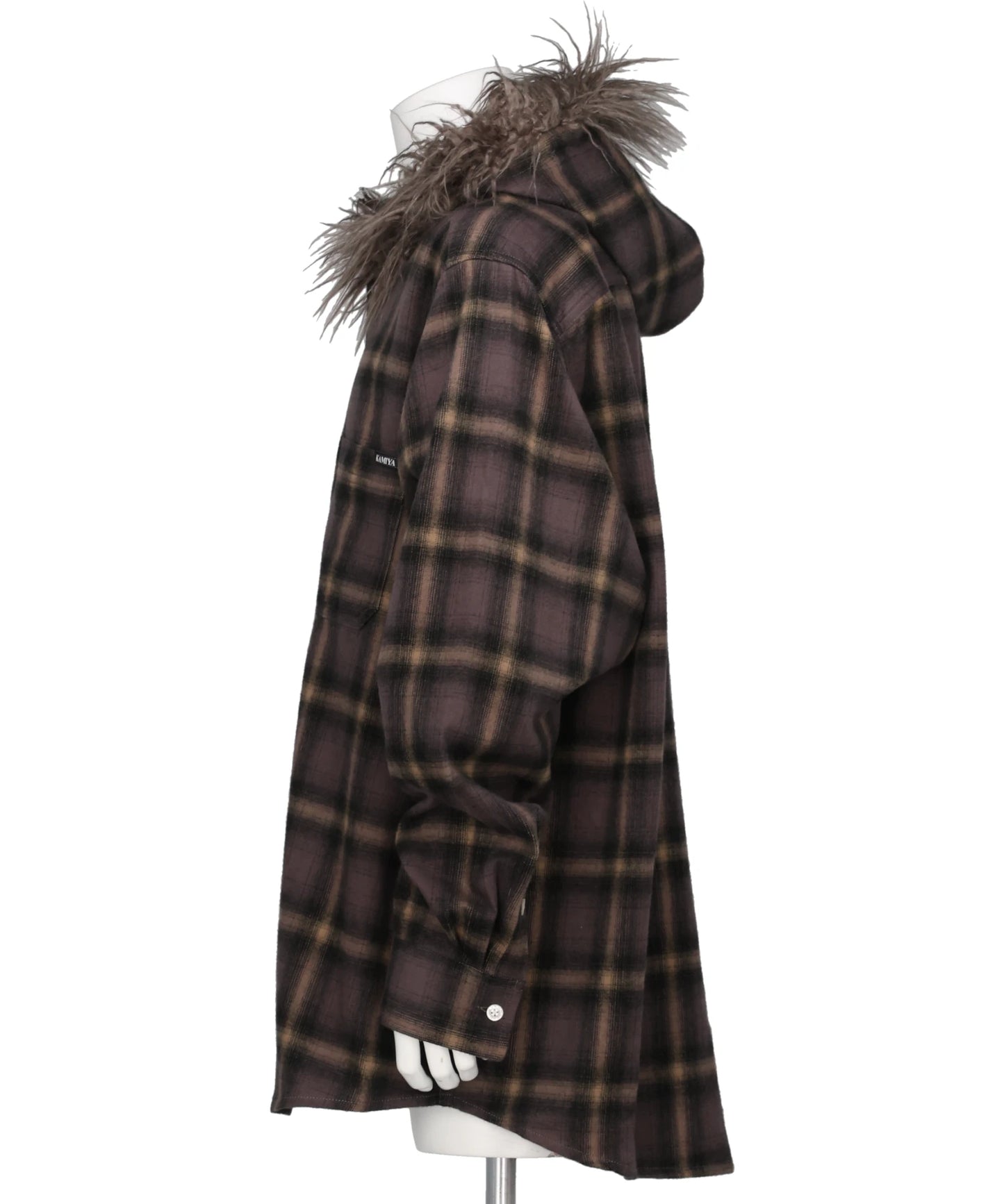 FUR-TRIMMED HOODED CHECK SHIRT