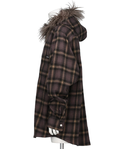 FUR-TRIMMED HOODED CHECK SHIRT
