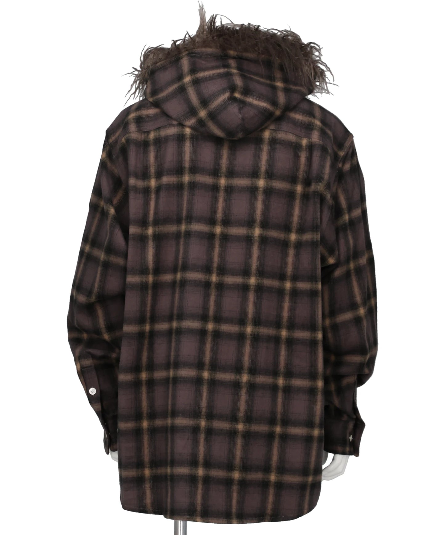 FUR-TRIMMED HOODED CHECK SHIRT