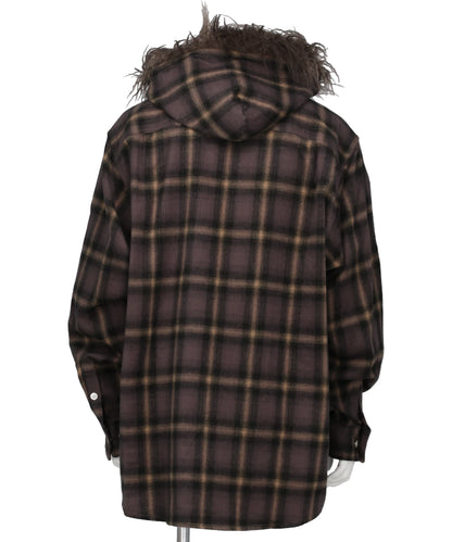 FUR-TRIMMED HOODED CHECK SHIRT