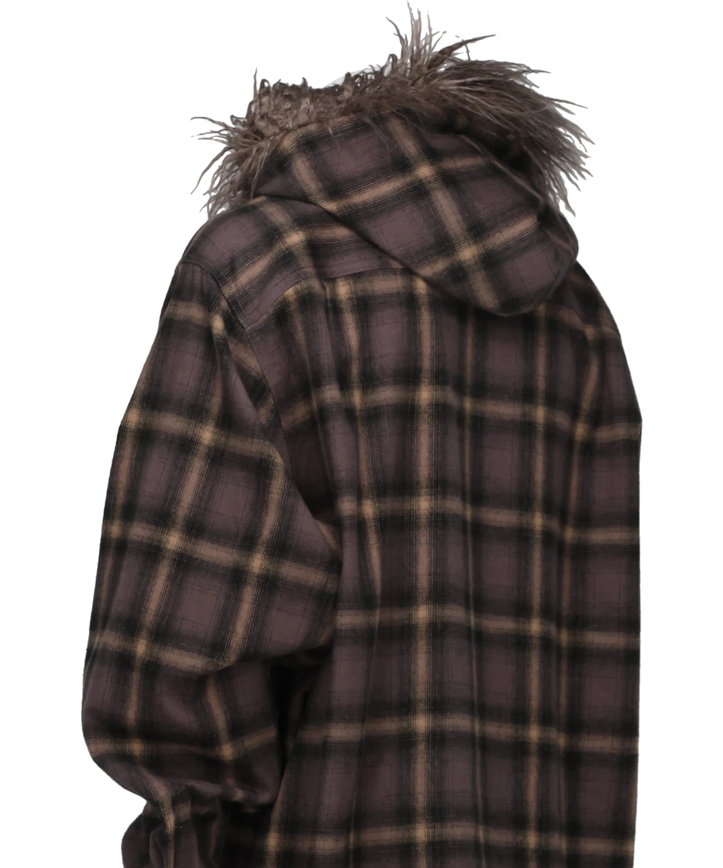 FUR-TRIMMED HOODED CHECK SHIRT