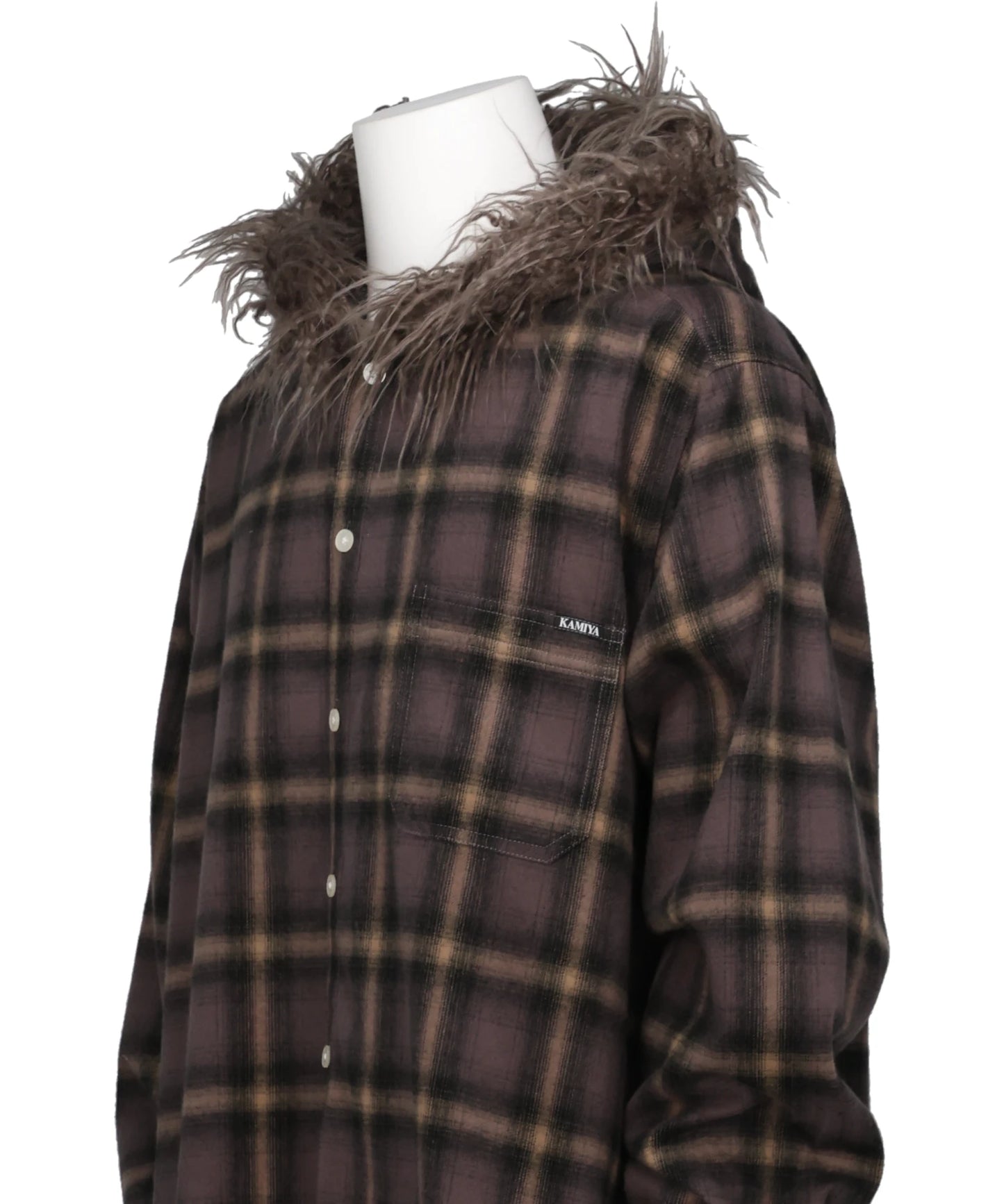 FUR-TRIMMED HOODED CHECK SHIRT
