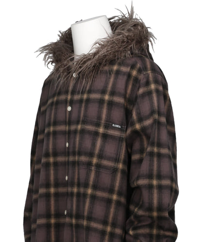 FUR-TRIMMED HOODED CHECK SHIRT