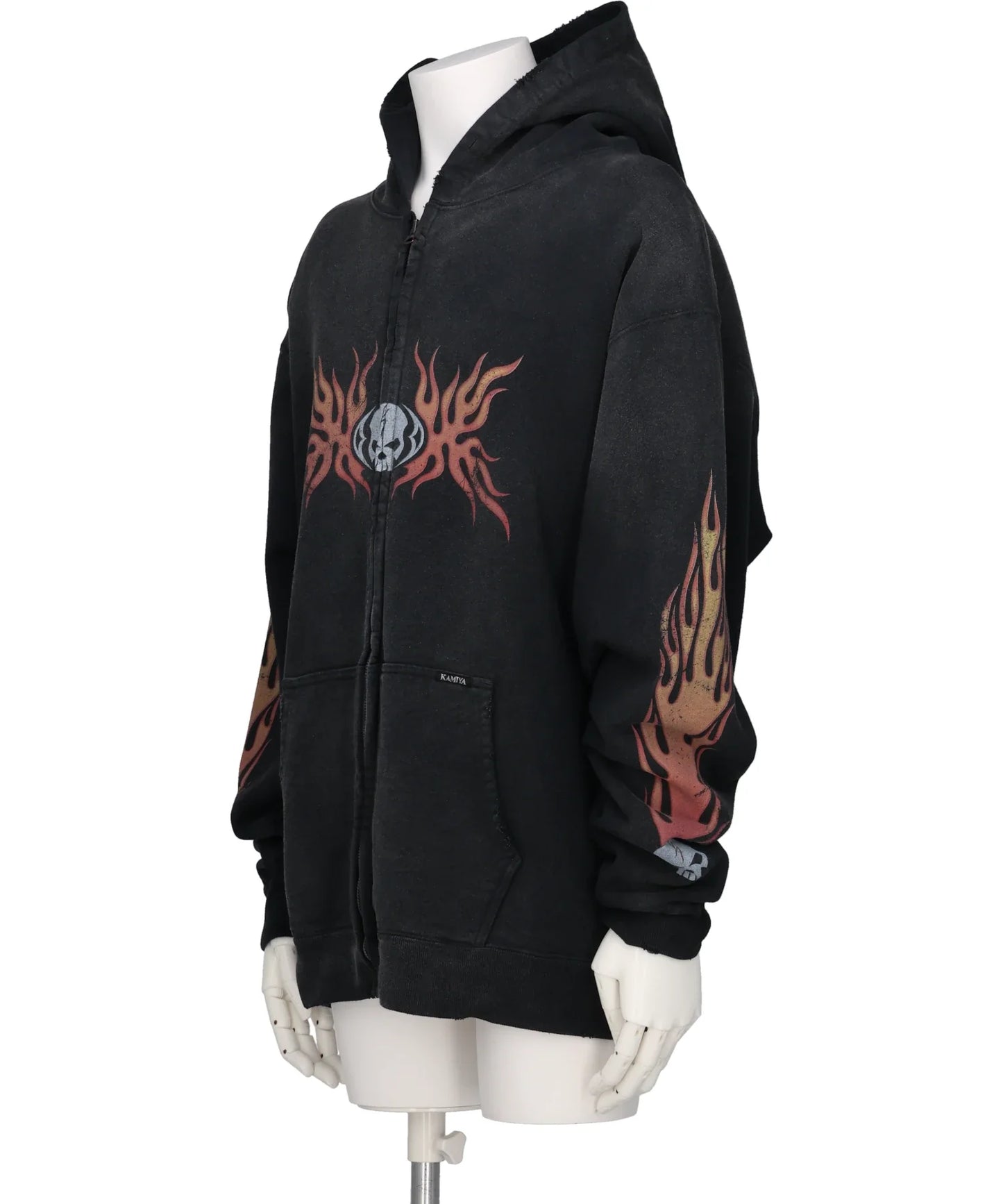 “SKULL FLAME”DISTRESSED ZIP HOODIE