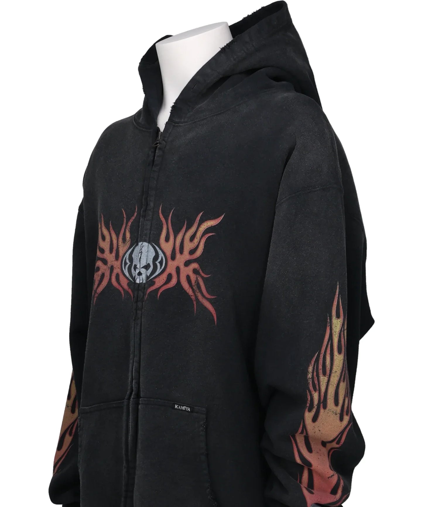 “SKULL FLAME”DISTRESSED ZIP HOODIE