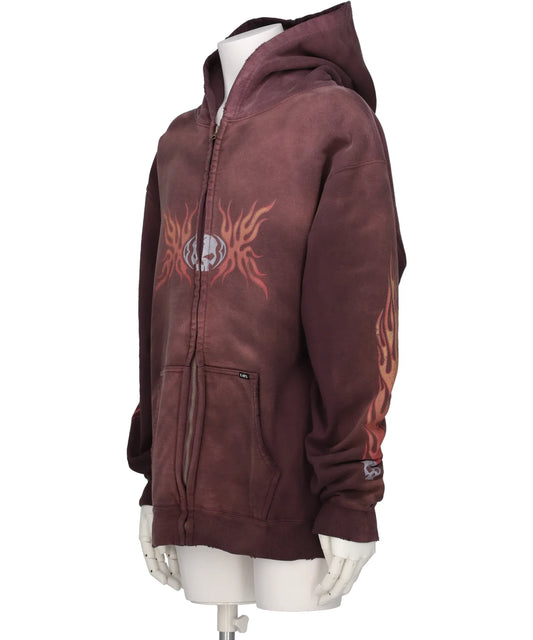 “SKULL FLAME”DISTRESSED ZIP HOODIE