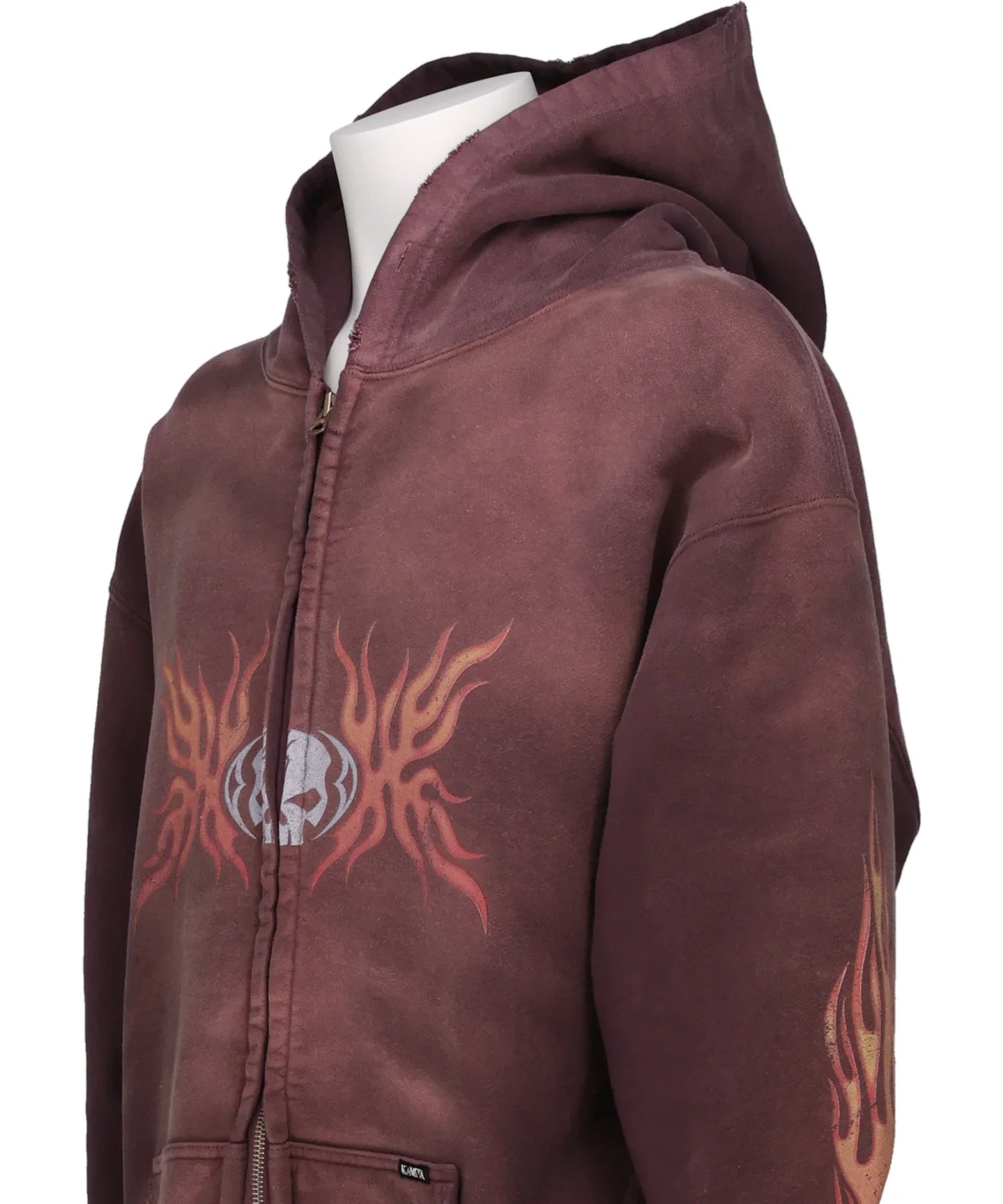 “SKULL FLAME”DISTRESSED ZIP HOODIE