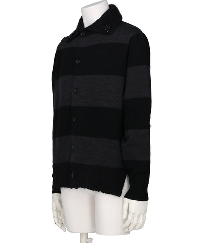 FUZZY COLLAR STRIPED RUGBY KNIT CARDIGANW/ EMB